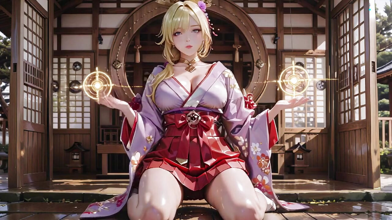 パープル着物ファンタジー！金髪の女神が日本家屋の廊下で、だらしない視線を向け、腰に手を当て、陽光に肌をさらす。