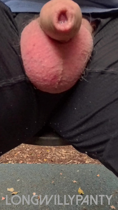 Straight amateur guy walks with dick poking out of exposed shorts