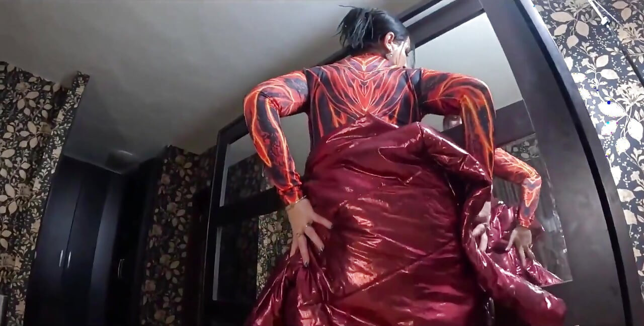 Red Nylon Jumpsuit Fetish Cameltoe Tease, Deep Blowjob and Cum on My Downjacket
