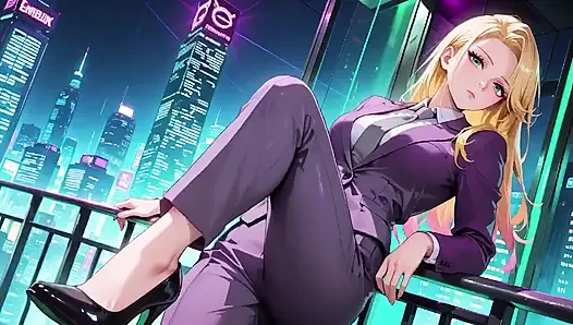 Blonde chefin im lila anzug! Cyberpunk City gegen privates Schlafzimmer Kontrast, faule Posen, Finger auf lippen, körper schon getränkt!