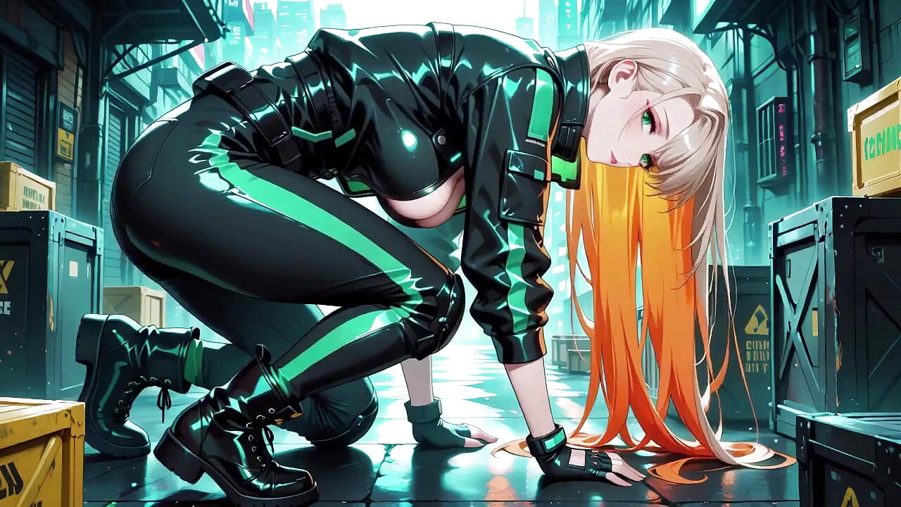 Neon Rain Night! Blonde Agent in Wet Leather Crouching Low, Holographic Glow & Cold Glances.