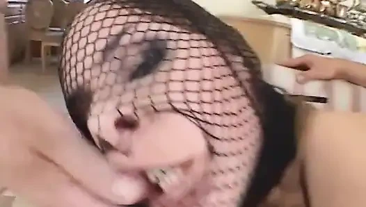 Gorgeous cuttie enjoys as her wet holes are double penetrated by three cocks