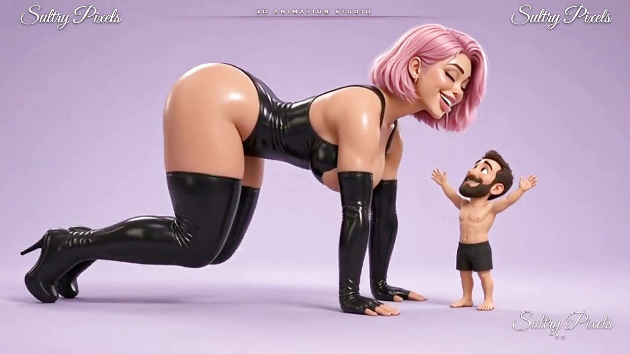 그녀의 작은 남자와 긴 키스를 위해 기어 내려가는 분홍색 머리 Latex 여주인