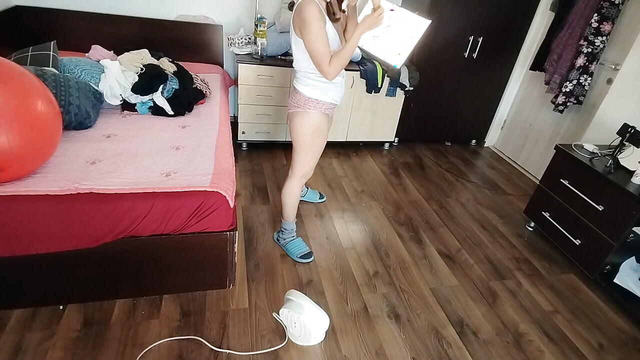Sexy Brunette Having Fun Trying on Clothes. Sexy Mom Dances Naked Around the House.
