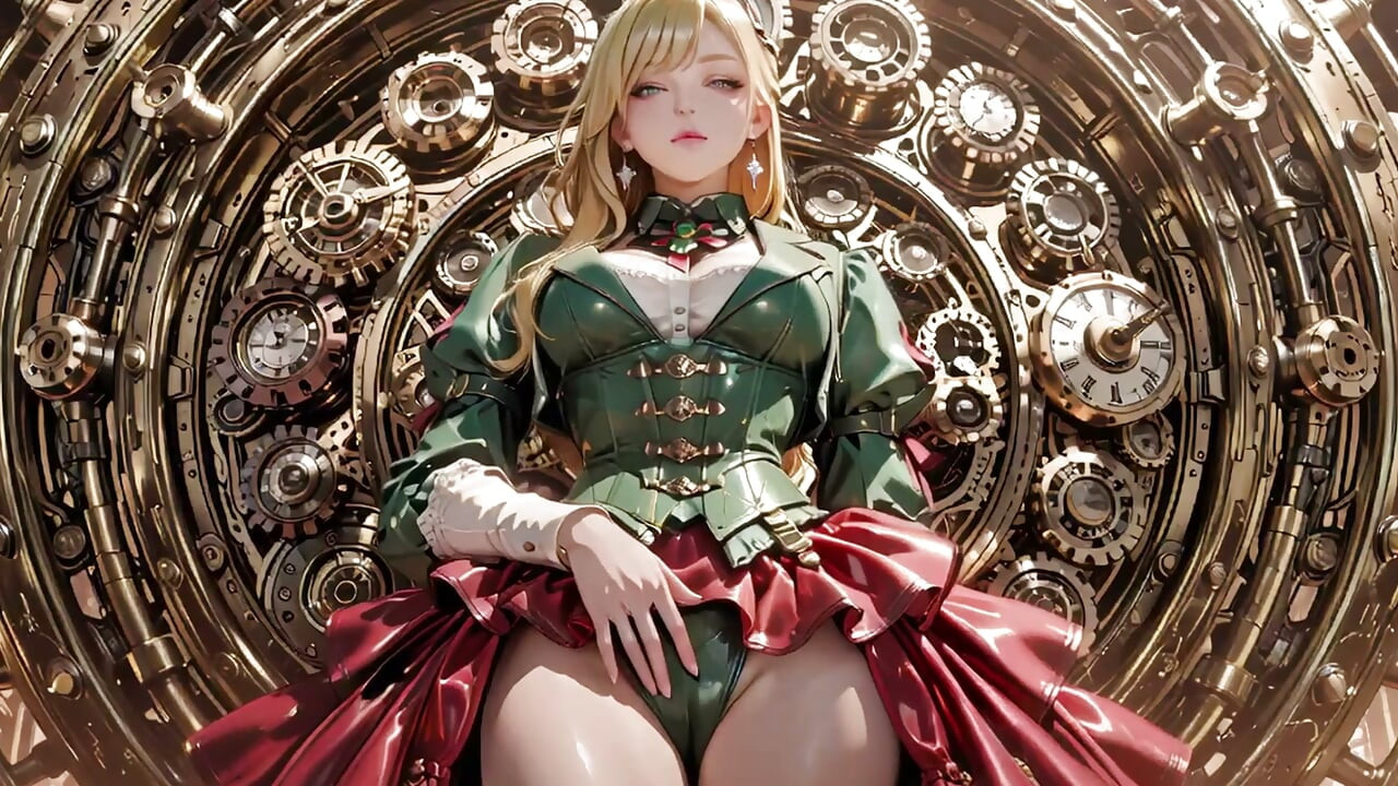 Sekretarka blondynka w stylu steampunk! Leniwe pozy wśród wielkich kół zębatych, poprawiająca gogle z prowokującym spojrzeniem.