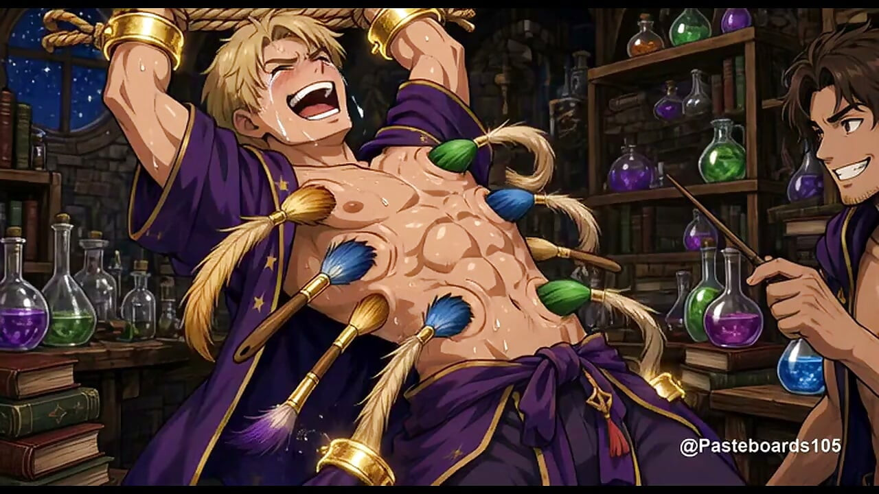 Bound In The Wizard's Study - Enchanted Paintbrushes On His Ribs And Belly (2D Anime)