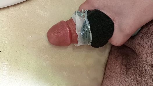 College teen(18+) boy cumshots by using homemade pussy toy