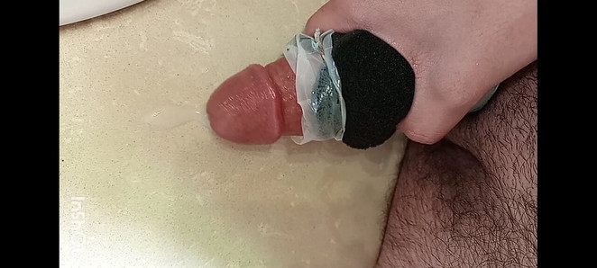 College teen(18+) boy cumshots by using homemade pussy toy