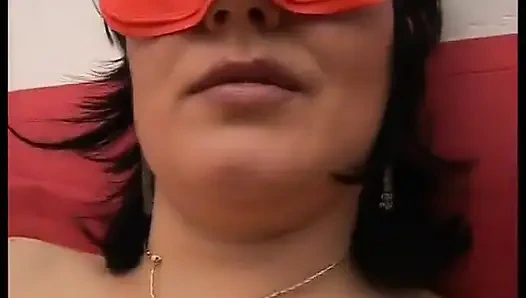 Masked housewife fingers her hairy pussy and plays with a dildo with