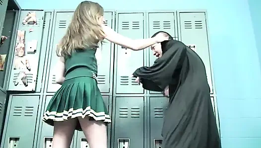 Skinny cheerleader gets hairy pussy licked after sucking cock