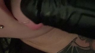 Sucking all my pussy juices off my big black dildo