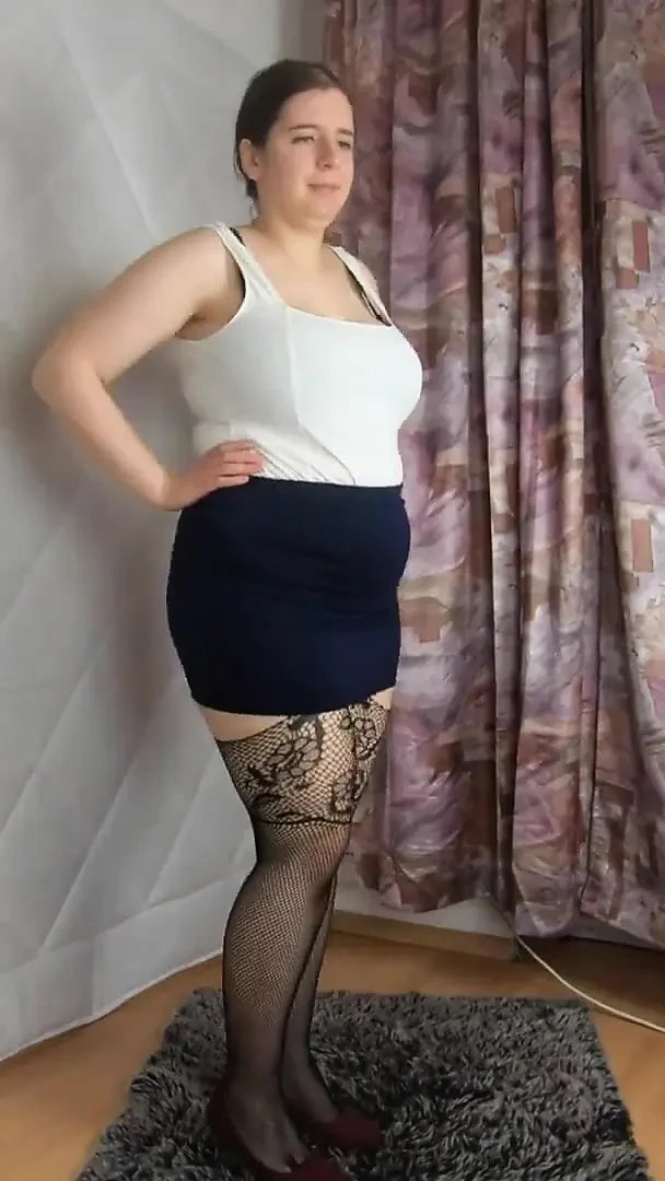 Mini skirt heels and fishnet stockings unensored