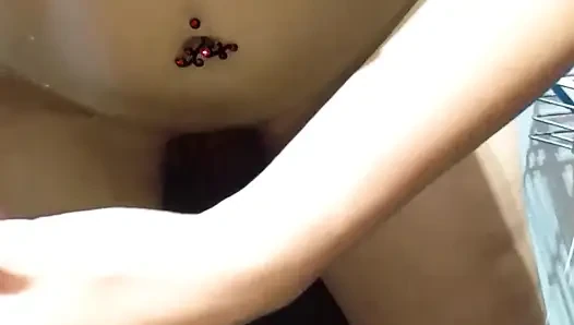 Beautiful naked MILF plays with a suction-cup dildo and has fun with her husband's semen in the shower.