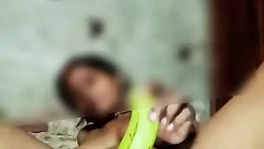 Asian housewife self satisfaction with banana