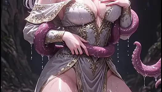 White-haired elven priestess with worm monster, anime hentai