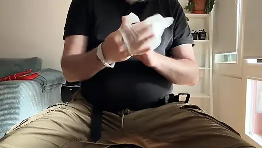 Daddy Bear Wanks and Cums with White Latex Gloves