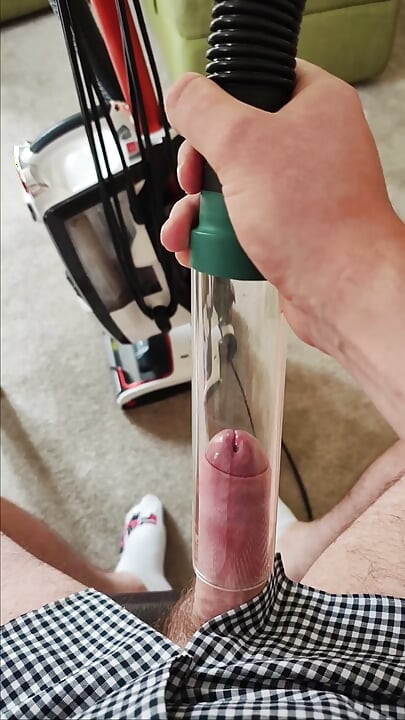 Vacuum cleaner sucking my cock with clear tube sitting