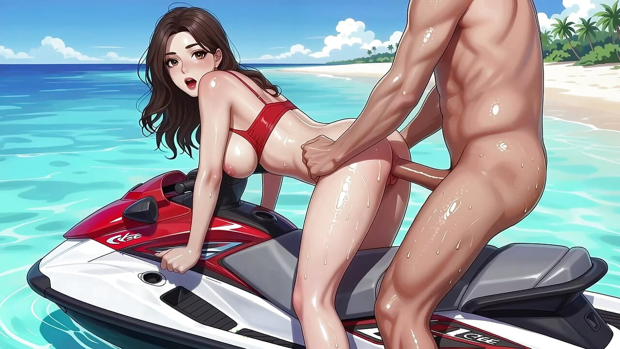 A beautiful woman in a Korean-style comic style, a Korean beauty, on a beautiful seaside motorboat! New style,   AI generated