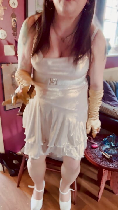 Cigar Smoking Tina Snua In Gold Satin Gloves & Rings - Smoker Smokes OME Drifting Smoke
