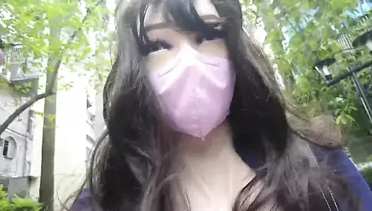 femalemask girl wear the silicone femaleskin outside the street