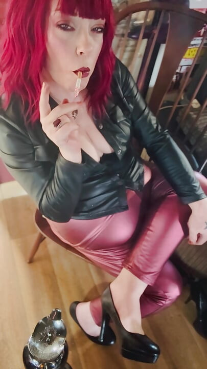 A Stunning Tina Snua In A Shiny Outfit & Smoking A Quick Cigarette - OME OMI Dangling Smoke Rings Drifting Smoke