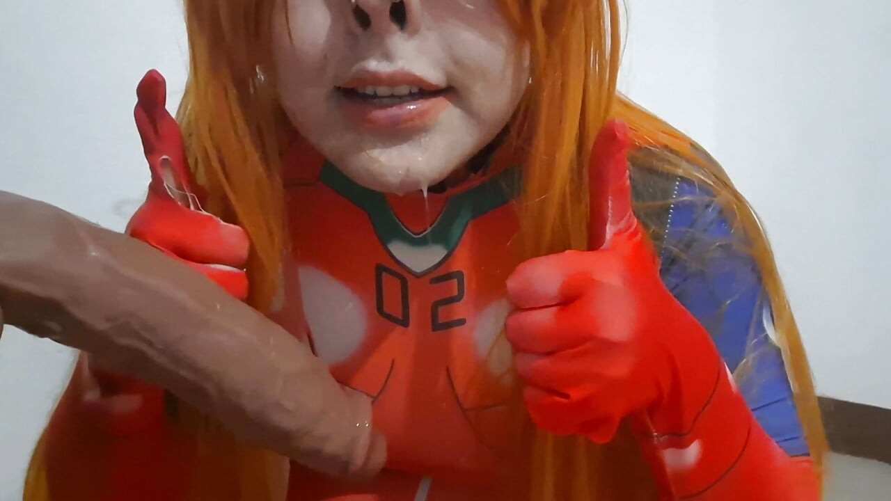 Pretty Trans Asuka Eating Cum and Giving a Blowjob to a Dildo while she uses a Extreme BDSM Nosehook