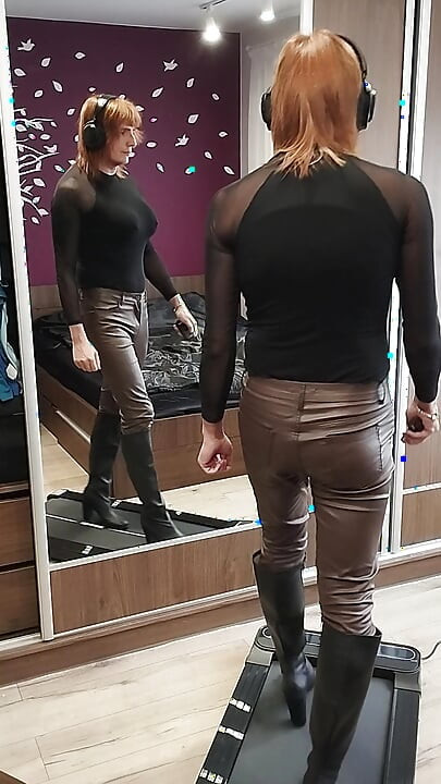 Learning to walk in heels in leather pants