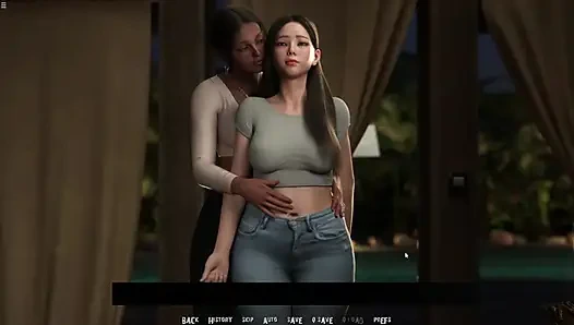 Drei lesbische mädchen haben spaß, möpse und arsch zu berühren