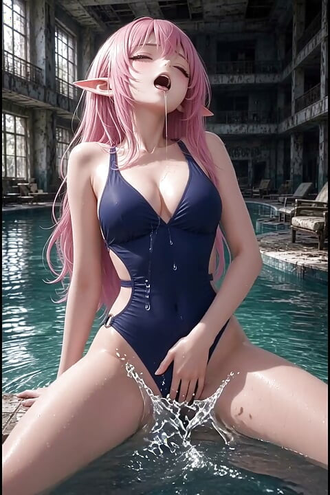3d anime pink hairy in swimsuit masturbates in and around the pool