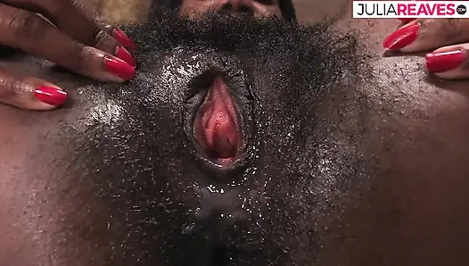 Ebony screams in pleasure as a massive cock fucks her hairy pussy to cumshot