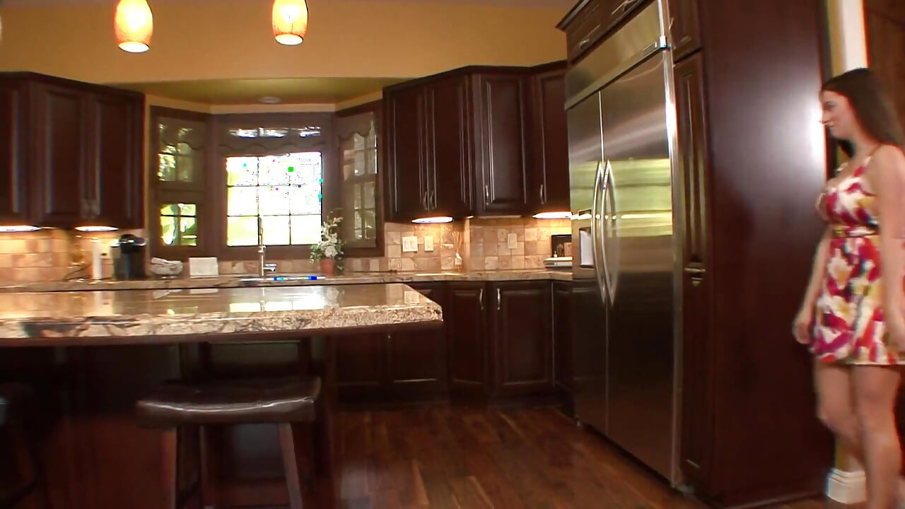 Sexy big tit teen fucks with a hot redhead milf in the kitchen