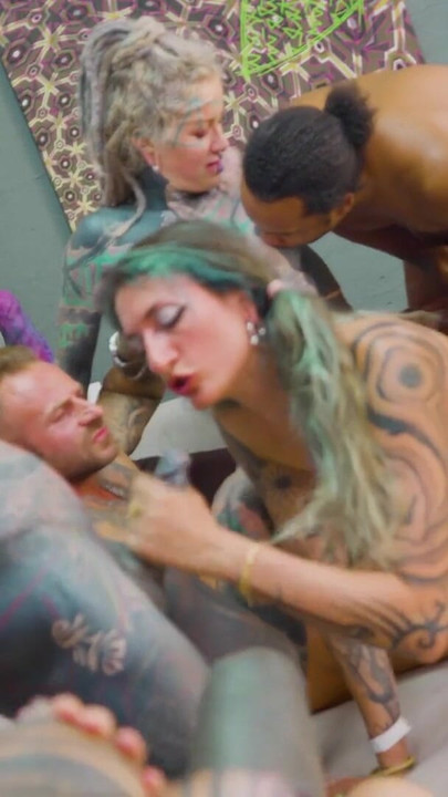 Squirting Orgy with Tattooed sluts and Big Dick anal sex ends with huge facials! | Clip 1