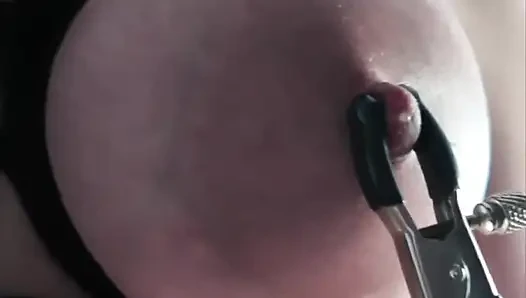 Tits Bondage, Nipple Clamps Pulling, Crop Spanking