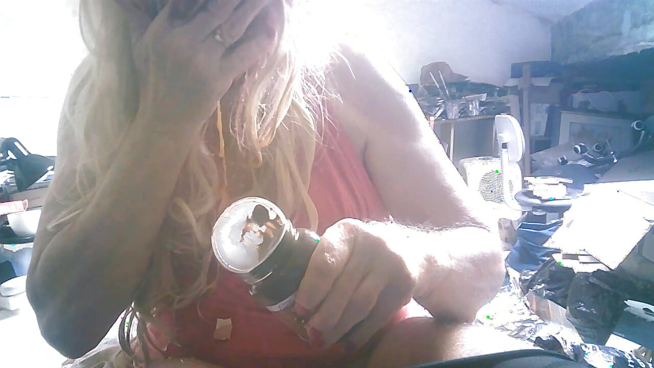 Sarah Shitcunt smokes,  fucks herself, with bottle and high heel, masturbates and smashes eggs and  cream pie over her  face