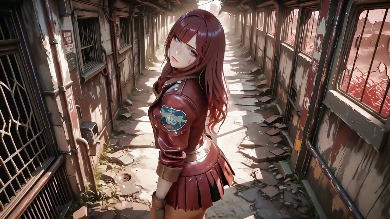 Tight Leather Suit Hugging Her Perfect Hips. She Lounges on the Broken Train Car, Hand Stroking Armor, Eyes Hazy yet Fierce.
