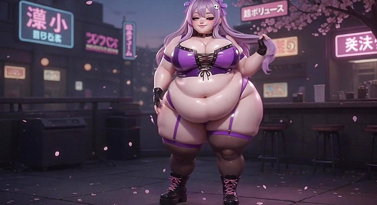 BBWアニメの美女が紫色のTバックで大きなお尻を振る