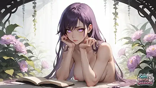 Violet Hair Goddess güneşli tapınakta sabah kahvesi içiyor