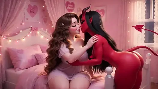 Red Desire Awakens dalam Panggilan Penuh Gairah di Ranjang Merah Muda (AI generated)