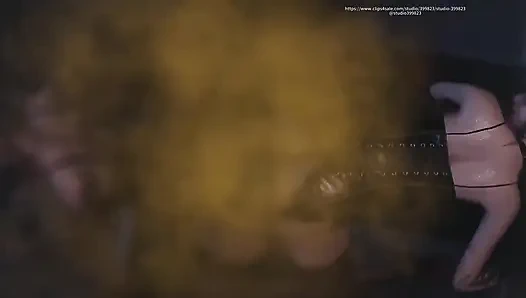 B034, schrumpfender mann zwischen zwei riesigen hintern, furz, dominanz mit dickem arsch eingeklebt