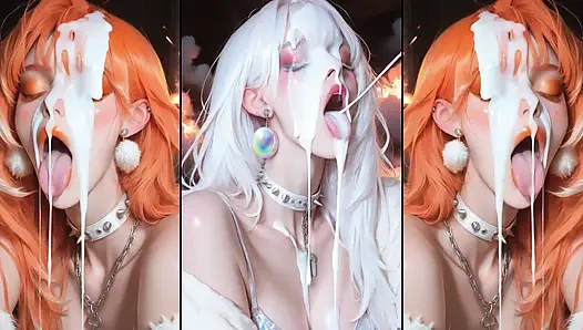Anime characters get their faces thoroughly covered in cum.