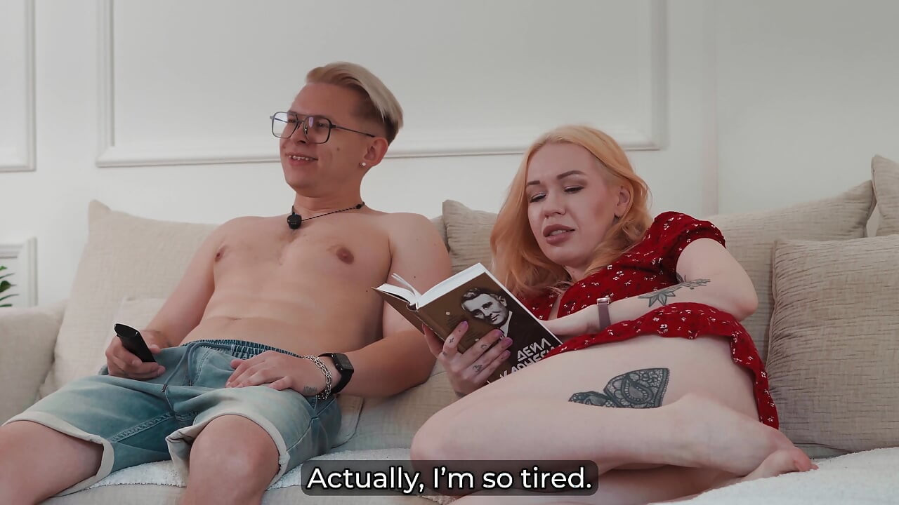 Curvy Blonde Step Mom in Tiny Red Dress Rests Head on Stepson Lap and Gets Her Throat and Tight Pussy Claimed with Creampie