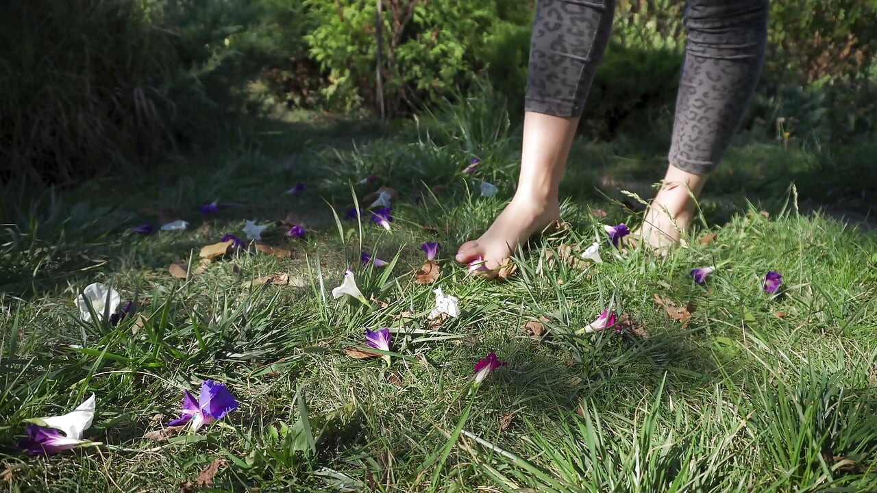 Écrasement de fleurs pieds nus dans l’herbe
