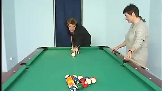 Stockinged mature slut fucked hard after pool stick drills her cooch