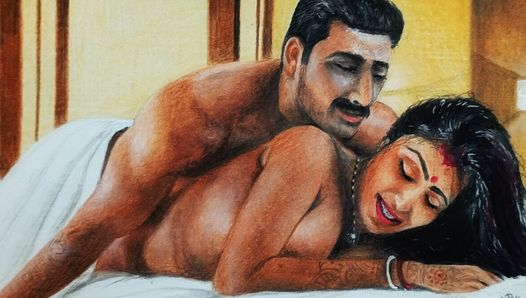 कामुक कला या सेक्सी बंगाली भारतीय महिला की ड्राइंग जो पति के साथ "पहली रात" सेक्स कर रही है