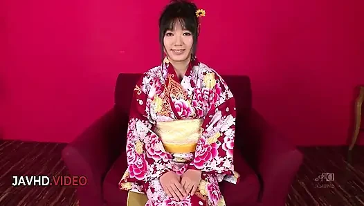 Chiharu's Wet Kimono Threesome with Hot Blowjob and Creampie Finish