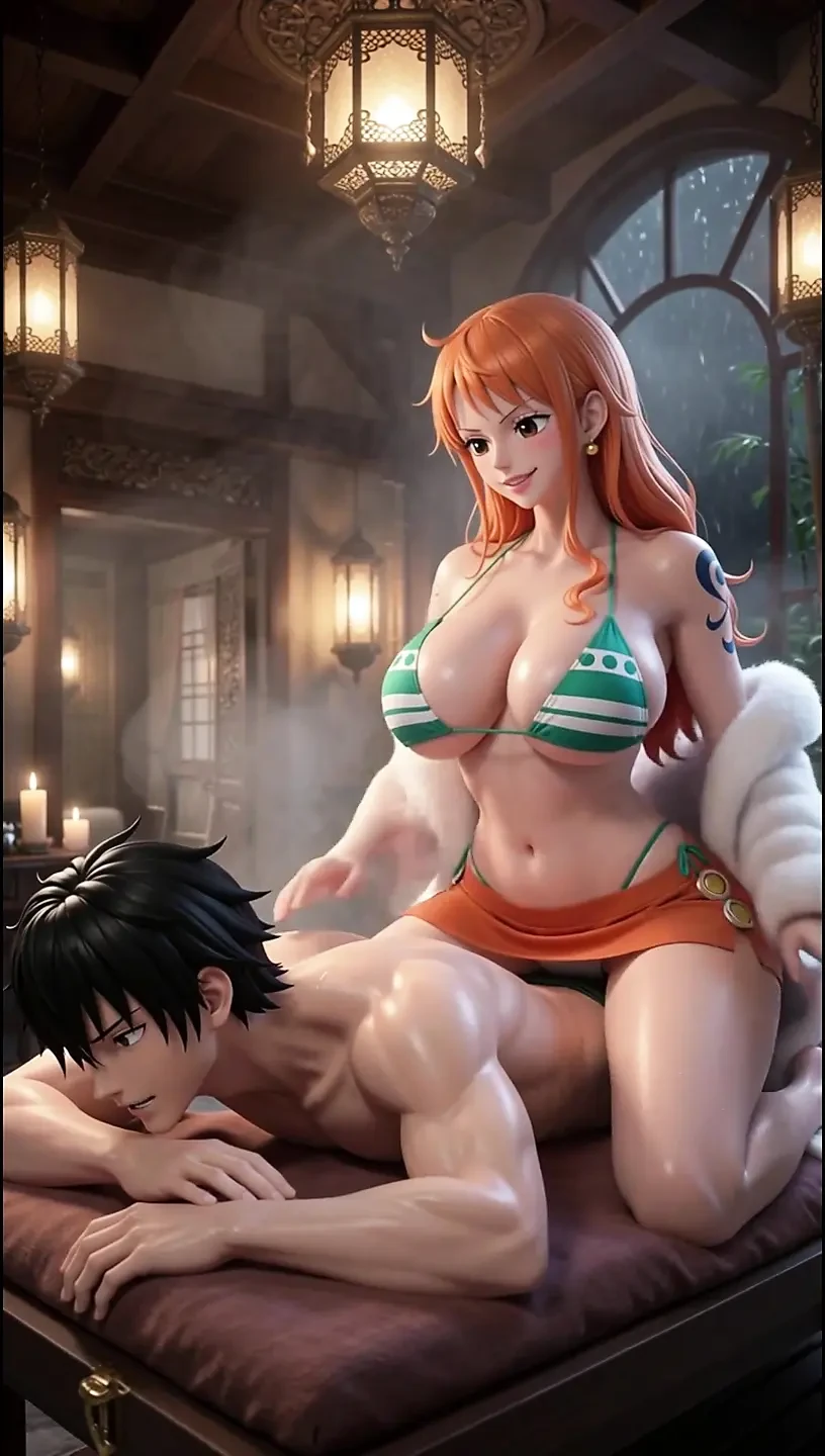 With her huge tits and voluptuous ass, Nami heats the client until she rides his dick - AI-generated content