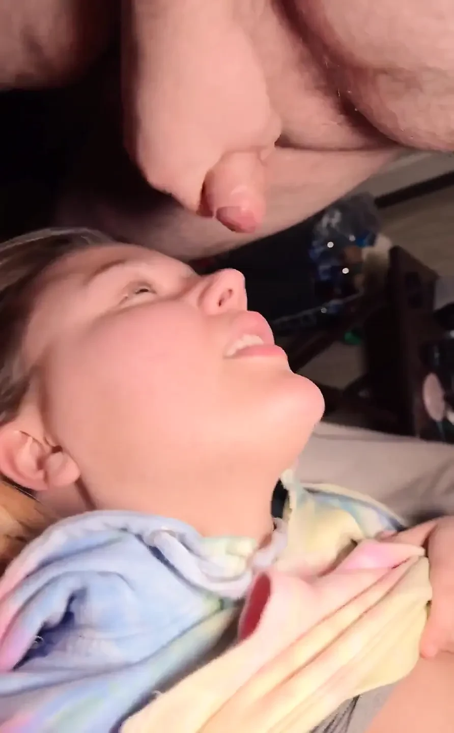 Housewife Gagging on Cock Upside Down, Sucking at the Edge of the Bed, &amp; Hot Cum on Tongue!