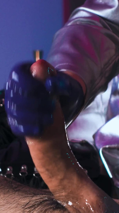 Horny Gloved Babe in Shiny Leather Jerks His Big Cock & Fingers Deep Into His Pisshole Till He Explodes Cum All Over Her Boots