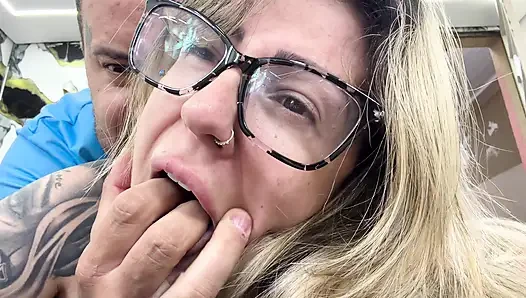 Nerdy girl feels the cuckold's cock for the first time in her face, mouth and ass