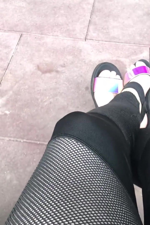 My new shiny sandals and toes tease outdoor